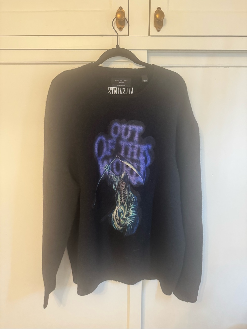 AllSaints Alpaca Grim Reaper Graphic Sweater Black Oversized Knit Size XL